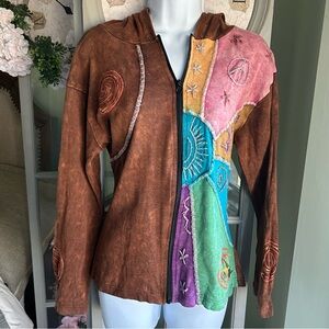 KATHMANDU IMPORTS Embroidered Zip Boho Hippie Zen-Spirit Hood Sweatshirt Sz M